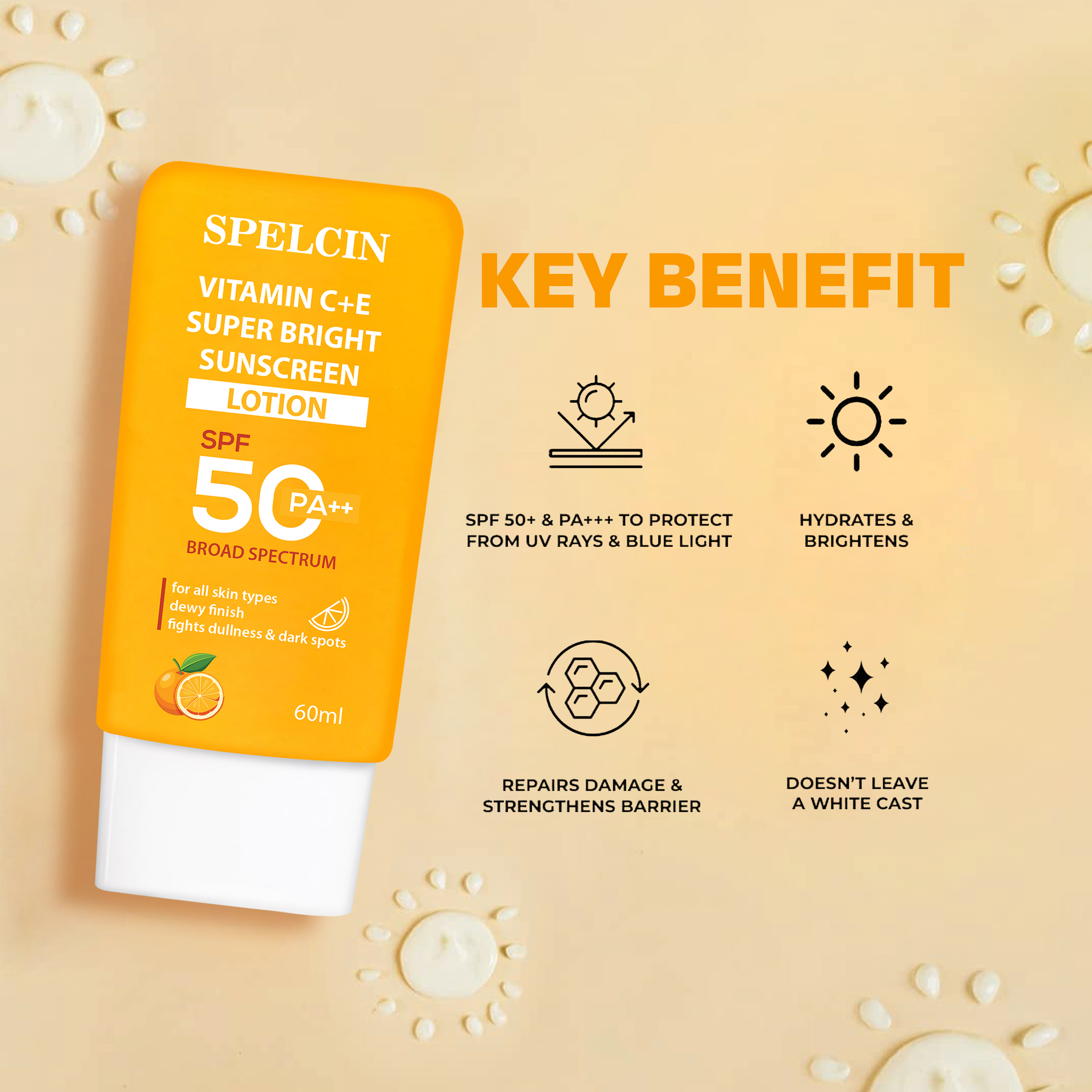 Spelcin Sunscreen - SPF 50 PA++ Vitamin C + E Super Bright Sunscreen SPF 50 (60 ml) - Image 8